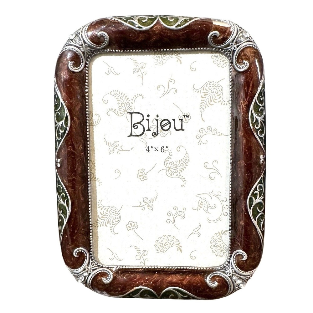 Bijou Picture Frame Amber Enamel Silver Rhinestones Burgundy 4x6 Photo Tabletop